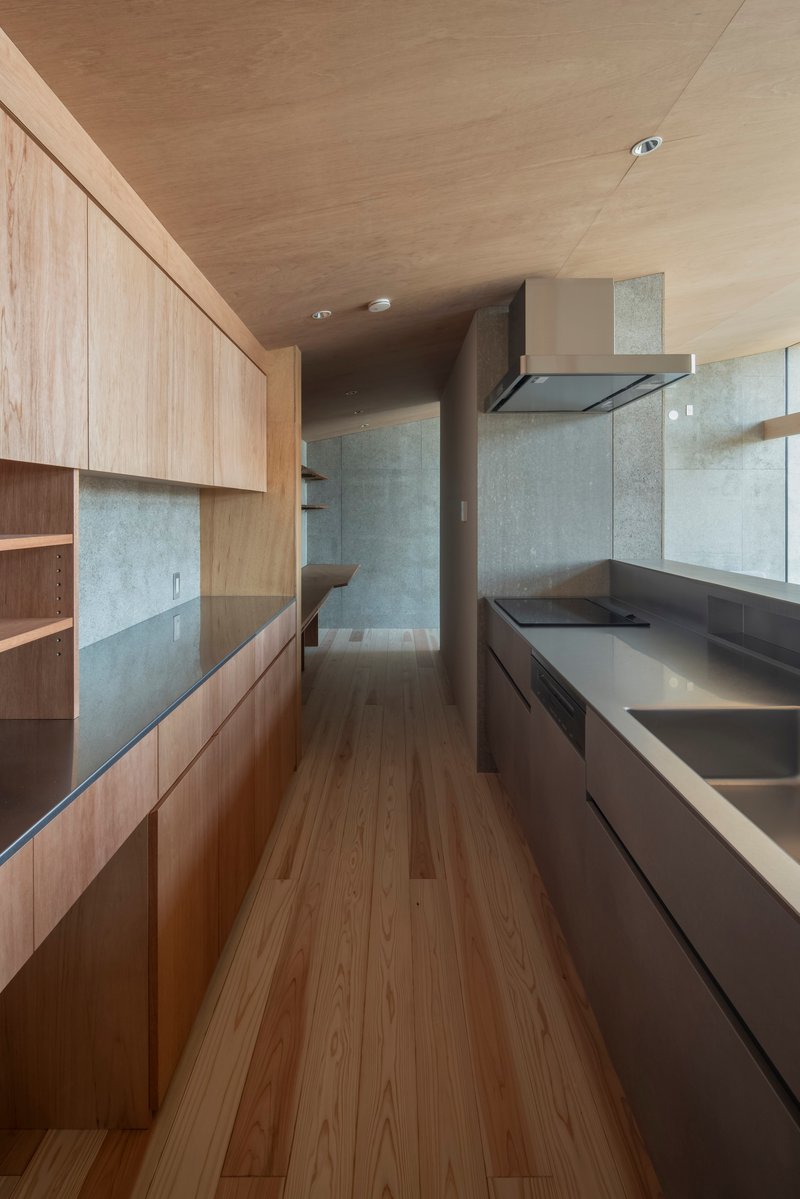 Galley kitchen with timber cabinetry, dark countertop, and concrete panel backsplash under plywood ceiling