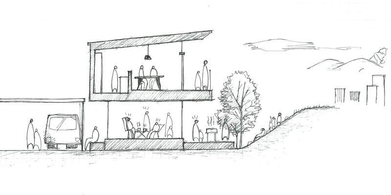 Sketch section with people on two levels, a parked vehicle, and hillside landscape beyond