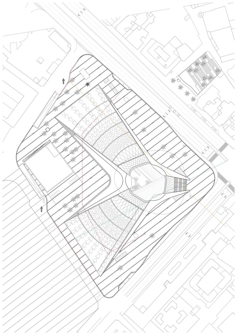 Site plan drawing showing the triangular plaza layout with diagonal striping pattern and surrounding urban fabric