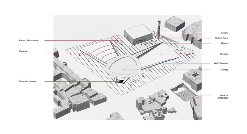 Axonometric drawing showing the plaza layout with labeled surrounding buildings and landscape features