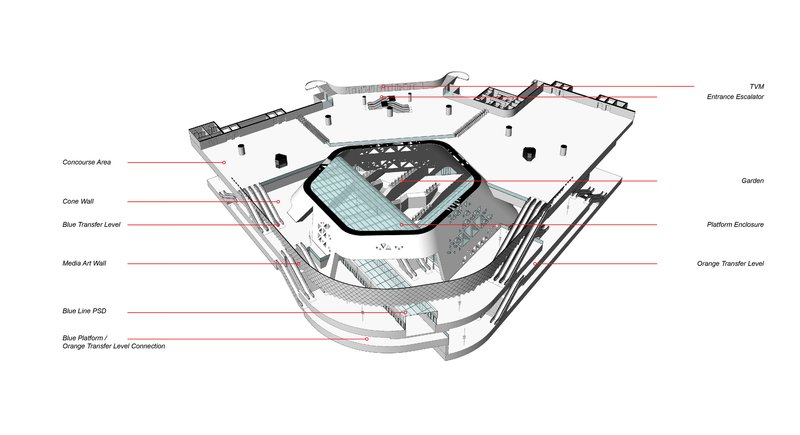 Axonometric view exposing vertical circulation cores and stepped platforms wrapping the central hexagonal void