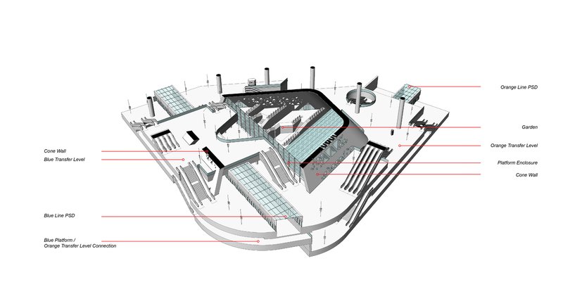 Axonometric diagram highlighting glass canopy over pool and terraced garden areas at multiple levels