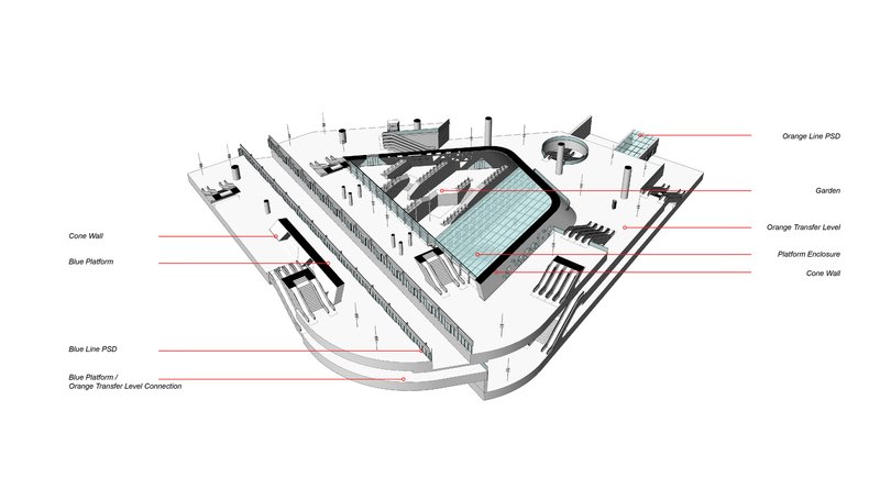 Axonometric section showing linear platform edge and hexagonal core with skylit pool below