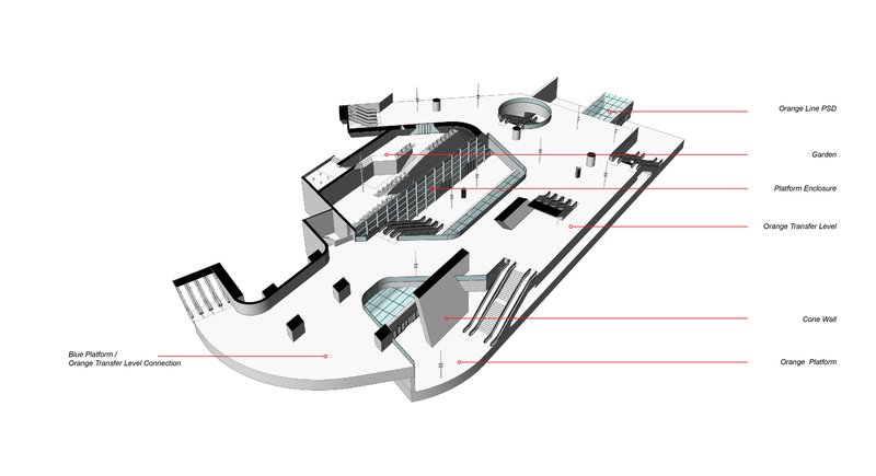 Reverse axonometric view revealing curved platform connections and photovoltaic arrays on elevated structures