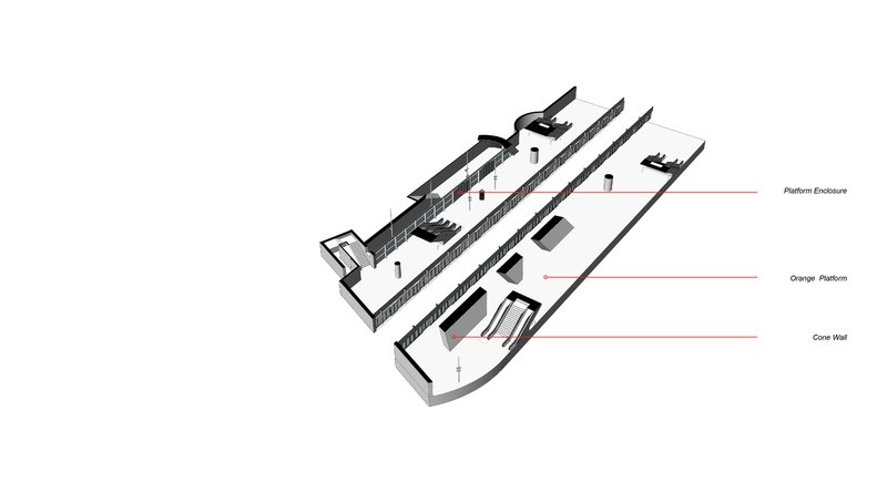 Axonometric drawing showing three parallel shed-roofed volumes with labeled platform enclosures and core wall