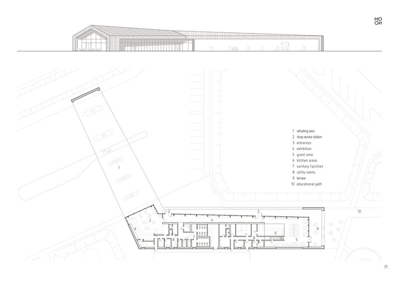 Elevation and floor plan drawings showing the building profile and interior room layout