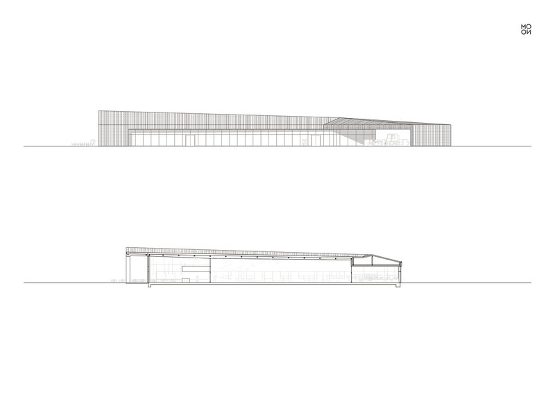 Elevation and section drawings showing a long horizontal volume with sloping roof and clerestory glazing