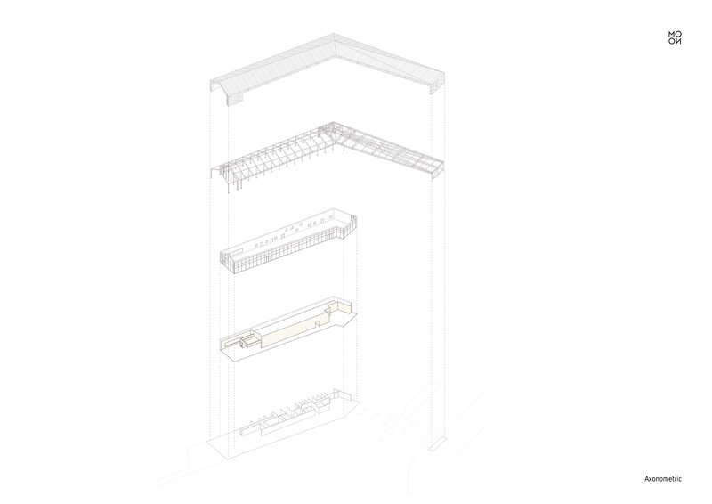 Axonometric drawing revealing five exploded layers of the building structure and roof assembly
