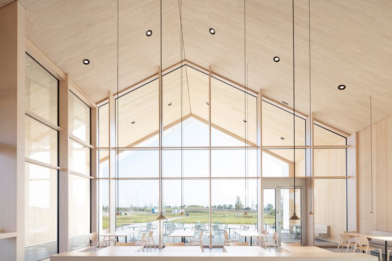 Interior view of the gable window wall with timber mullions and plywood ceiling overlooking the landscape