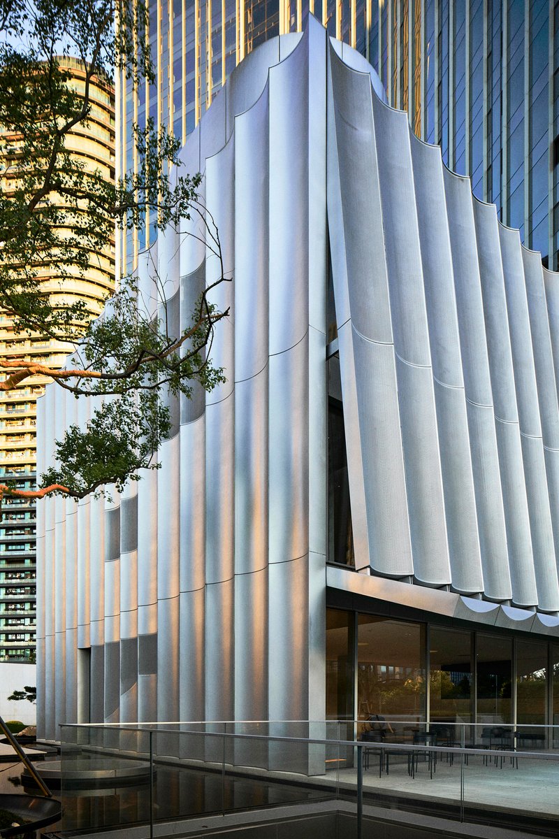 White vertical fins wrapping the facade corner with a tree branch emerging between the columns