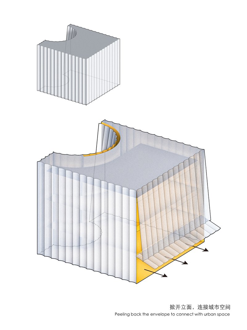 Axonometric drawing showing peeled facade revealing interior staircase connecting to urban space