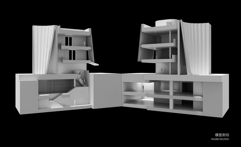 Physical model section showing split volumes with corrugated facades and internal floor levels