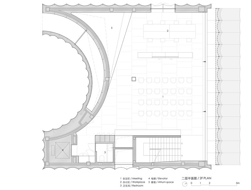 Second floor plan drawing showing curved wall enclosing meeting space with rows of seating