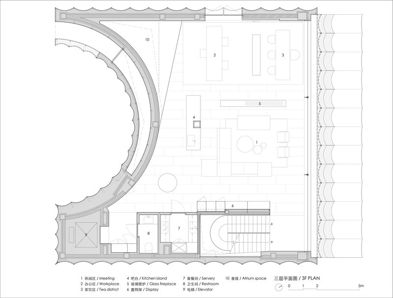 Third floor plan drawing showing curved perimeter wall, atrium space, and central service core