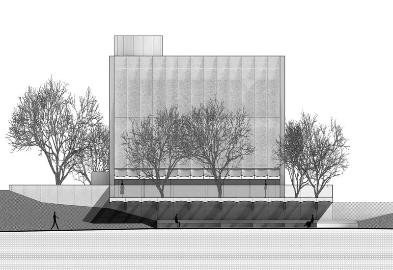 Elevation drawing of a vertical ribbed facade with a recessed base and winter trees in foreground