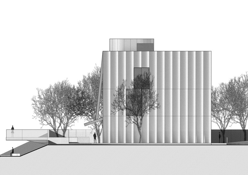Elevation drawing showing the ribbed volume with a central glazed opening framing a tree behind