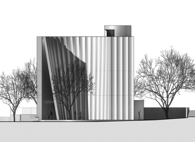 Elevation drawing of the fluted facade with diagonal glazing slash and deciduous trees on either side