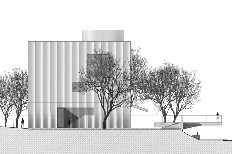 Elevation drawing of the ribbed tower with central opening and terraced plaza beside leafless trees