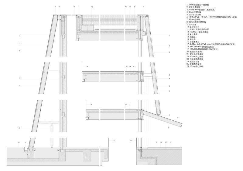 Detail section drawings showing layered facade assembly with mullions and horizontal panels