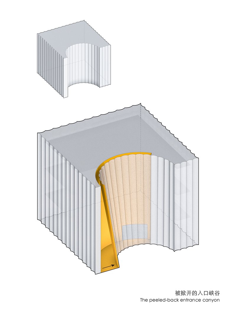 Axonometric drawing of entrance canyon with peeled corrugated envelope and curved interior void