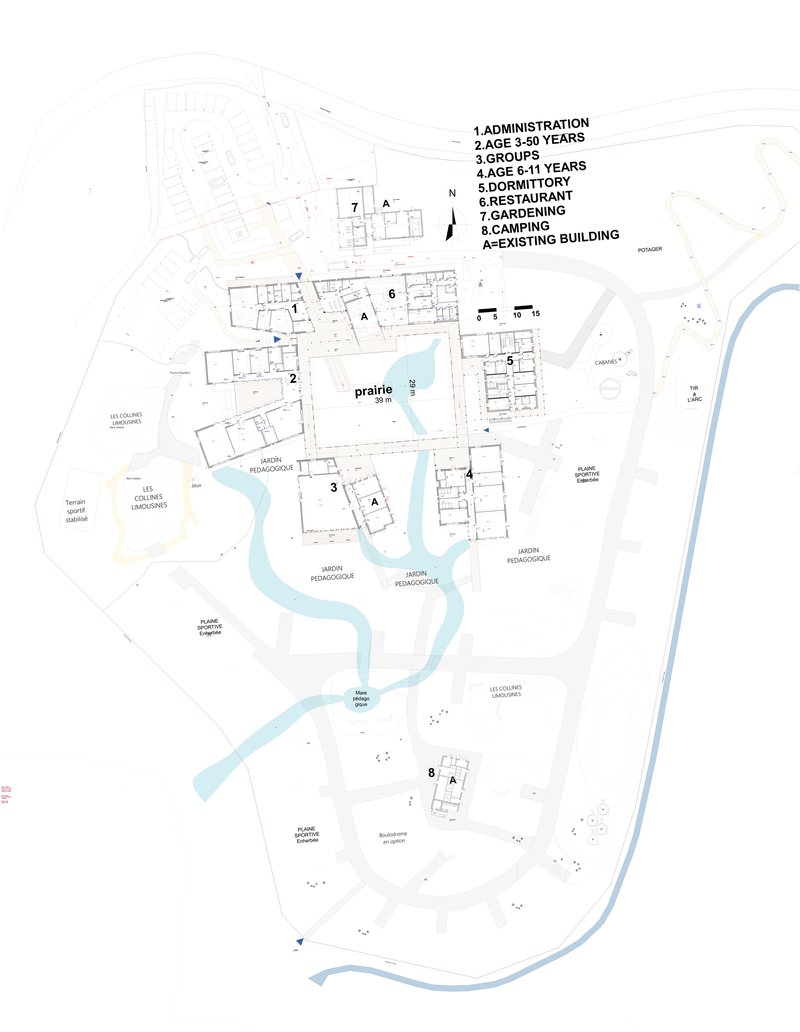 Site plan drawing showing multiple buildings arranged around water features and prairie landscape