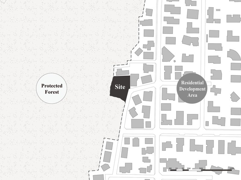 Site plan drawing showing the building plot between protected forest and residential development area