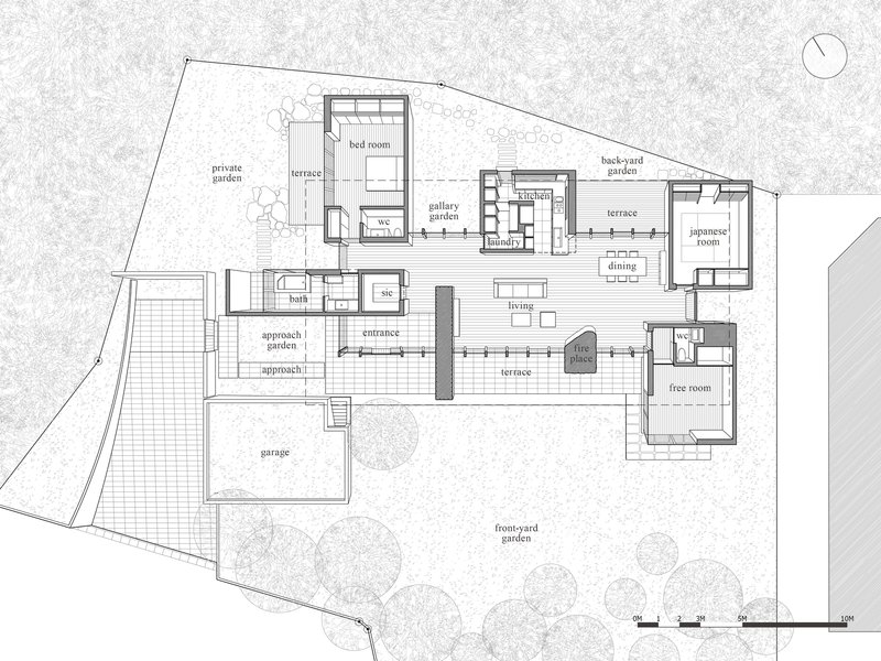 Floor plan drawing showing the layout with labeled rooms radiating from a central entrance and terrace
