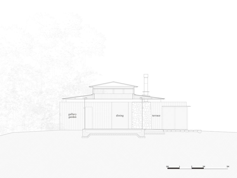 Section drawing revealing a gabled upper volume above a lower level with gallery garden, dining area, and terrace