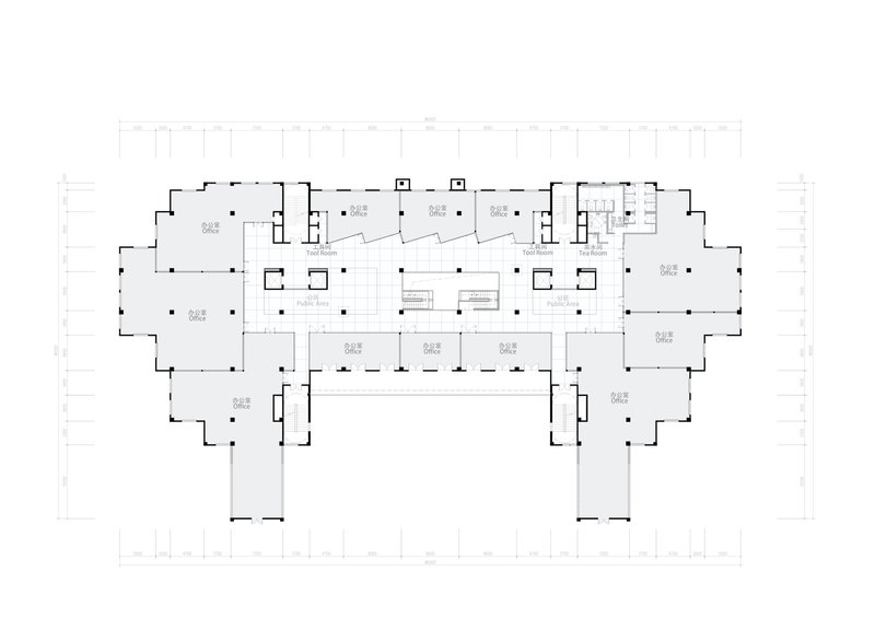 Floor plan drawing showing zigzagging circulation through central space flanked by rectangular rooms