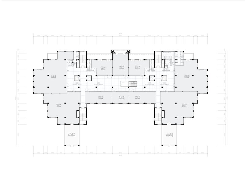 Floor plan drawing showing central rectangular volume surrounded by column grid and perimeter rooms