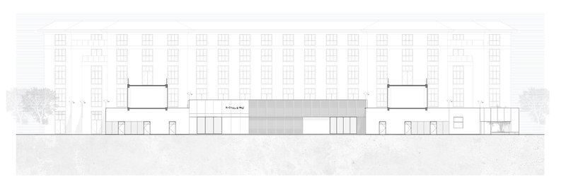 Elevation drawing showing a low glass pavilion insertion between flanking trees and a tall gridded facade