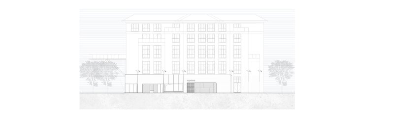 Elevation drawing depicting a recessed glazed entry volume beneath a multi-story building with trees at edges