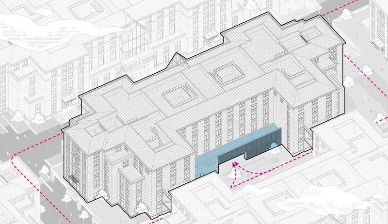 Axonometric drawing highlighting a blue glass volume inserted into the courtyard of a surrounding urban block