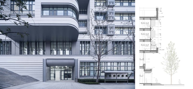 Street facade showing curved white panel cladding and recessed glazing with elevation drawing adjacent