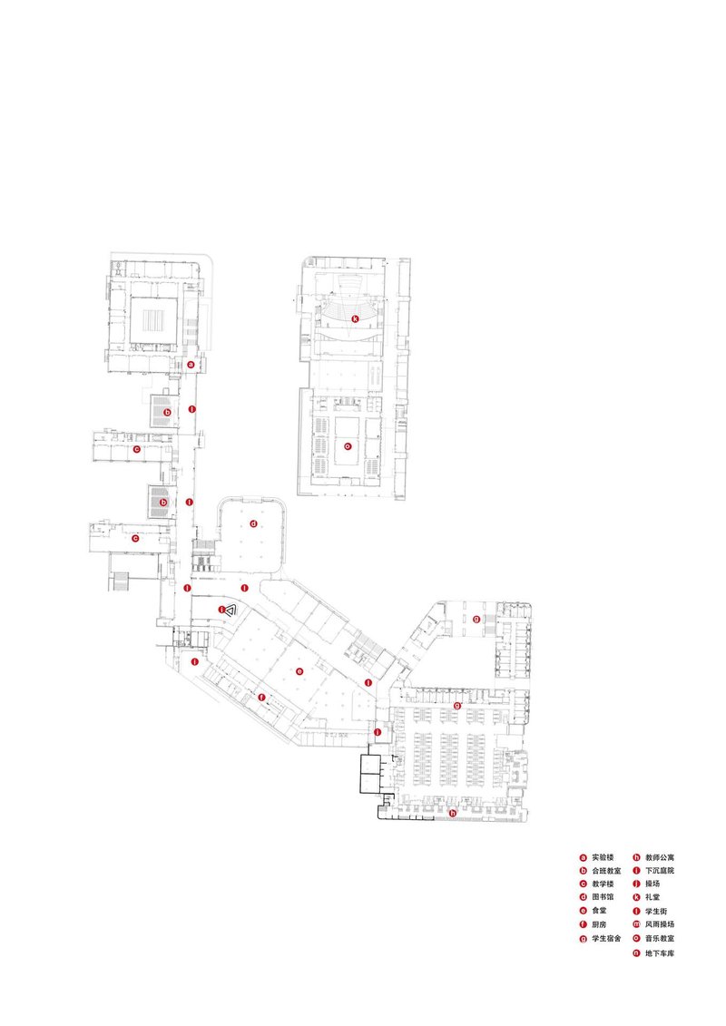 Floor plan drawing showing interconnected classroom and program zones with numbered circulation pathways