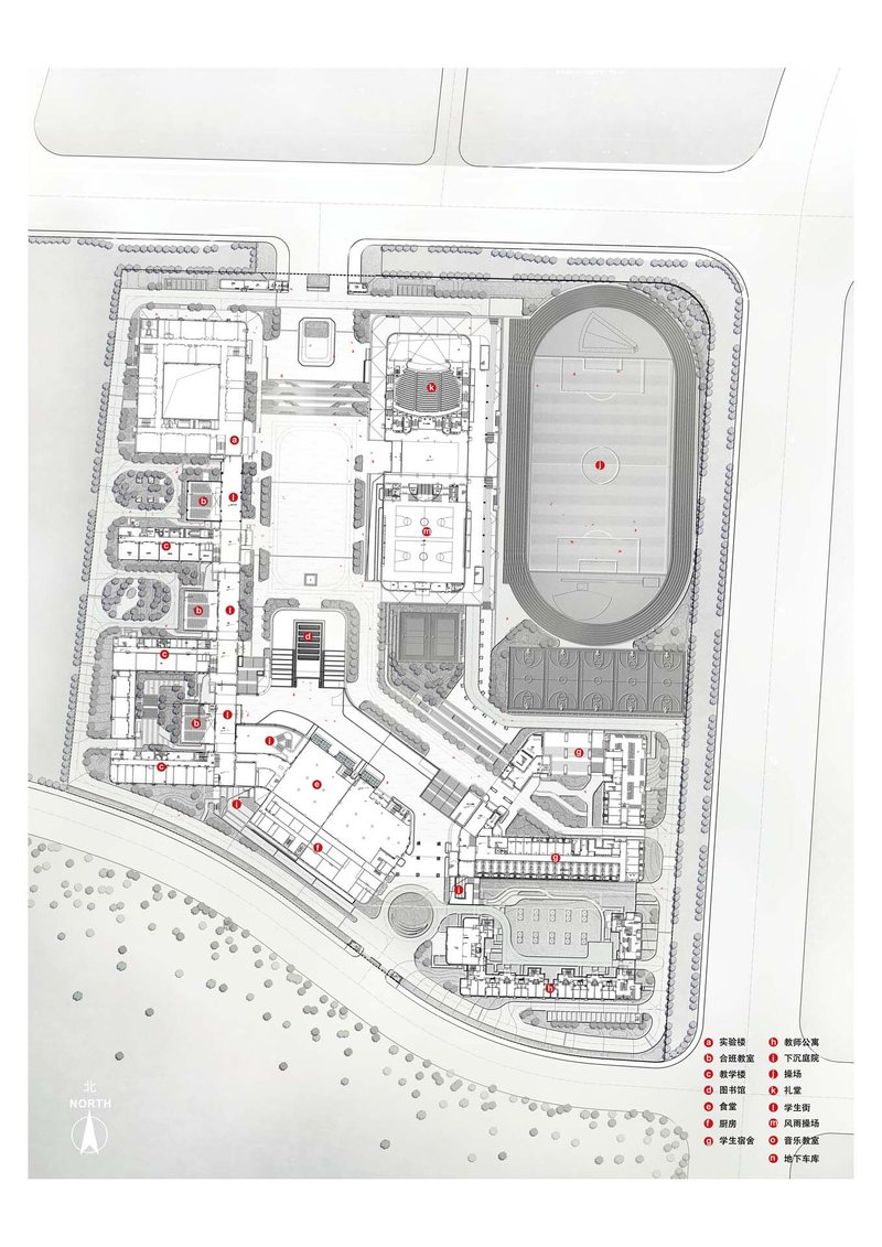 Site plan drawing depicting building clusters with landscaping and a running track at the upper right