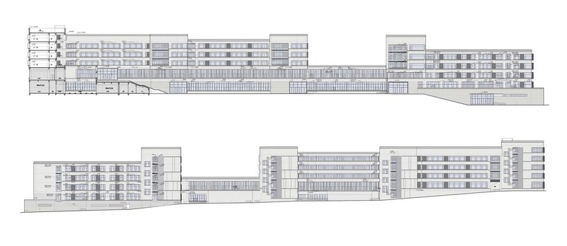 Elevation drawings showing two long horizontal buildings with rhythmic window patterns and sloping terrain
