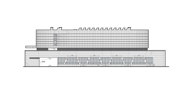 Elevation drawing of an angular low-rise building with gridded facade and sawtooth roof profile
