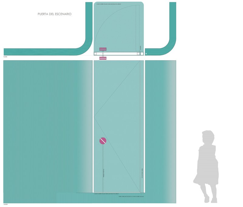 Plan drawing of a hinged stage door in turquoise with diagonal fold lines and seated figure for scale