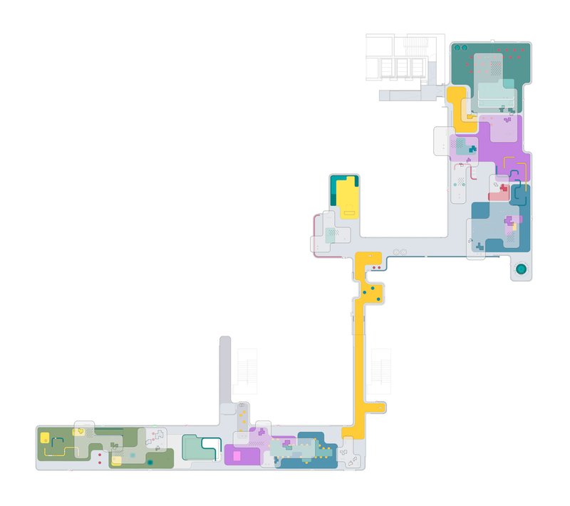 Floor plan drawing showing an L-shaped layout with color-coded rooms and a yellow circulation corridor