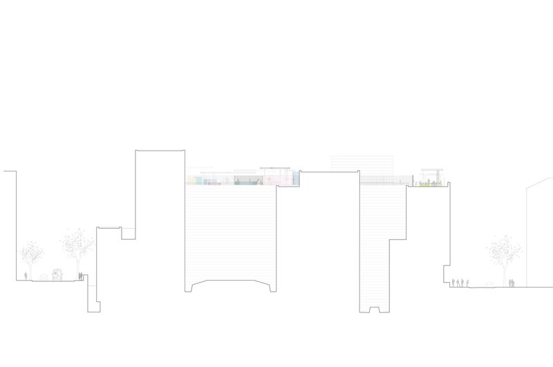 Section drawing depicting volumetric masses with flat roofs and trees flanking both sides