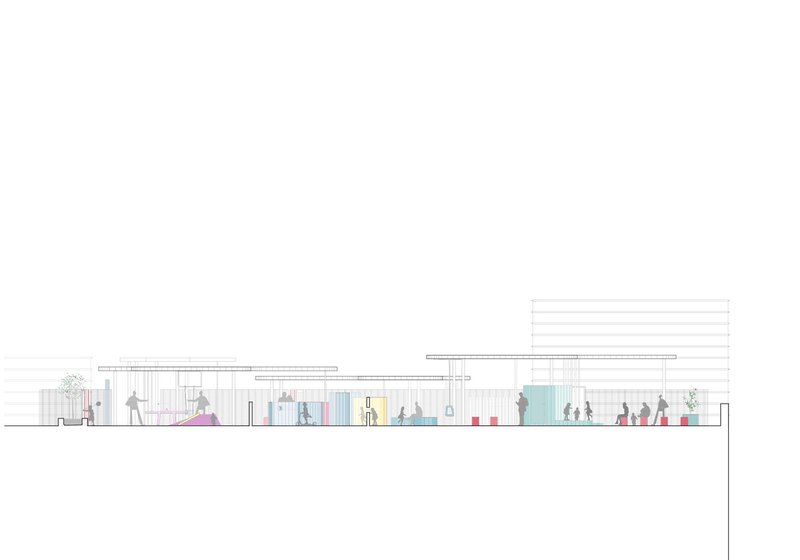 Section drawing showing glazed interior spaces with human figures and colored wall panels