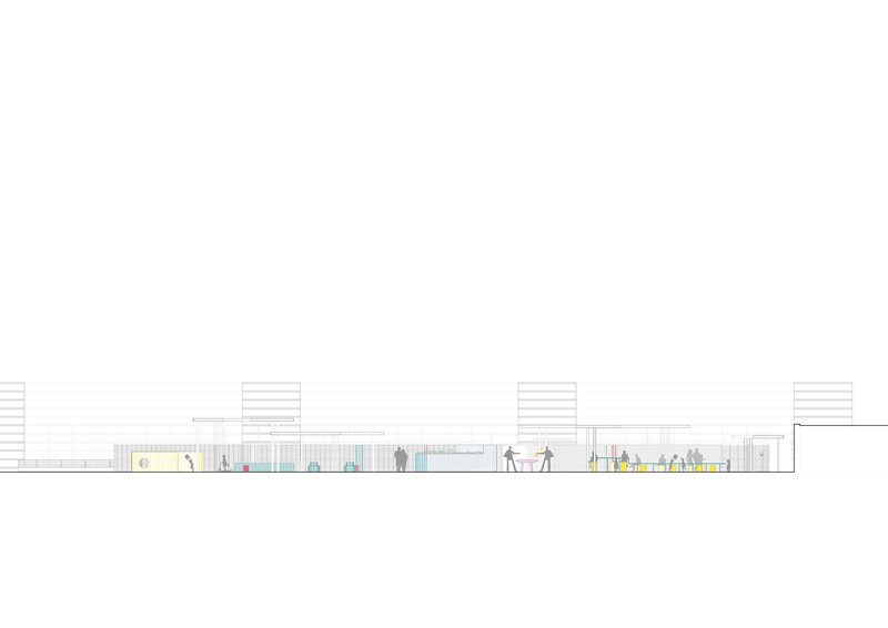 Elevation drawing featuring low horizontal volumes with slatted tower elements and scattered figures
