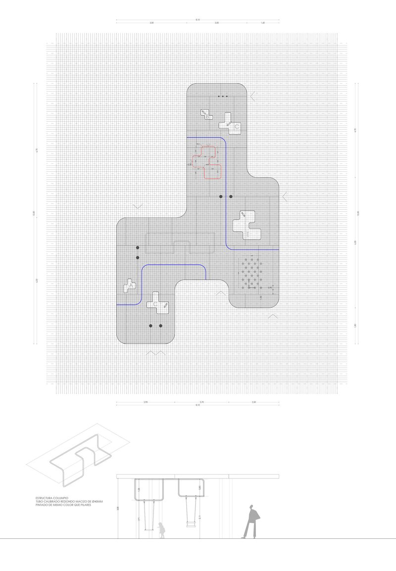 Site plan drawing with cruciform building footprint and diagrams showing structural details with human scale figure