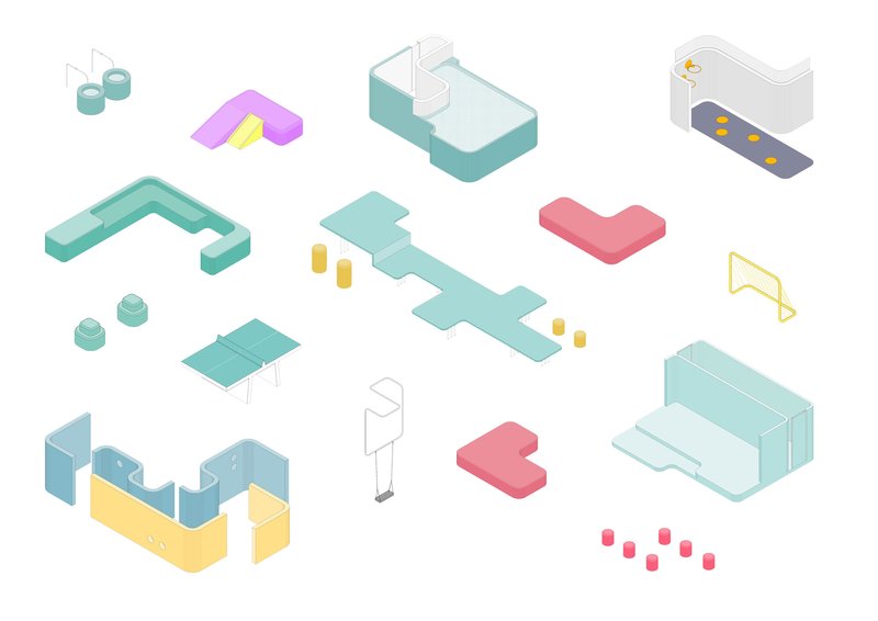 Isometric drawing showing modular play equipment elements in turquoise, pink, and yellow scattered across a white field