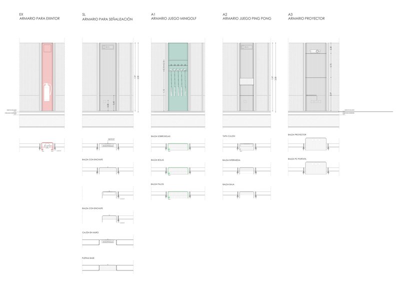 Elevation and detail drawings of five cabinet types showing interior compartments and construction sections