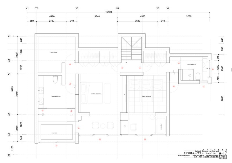 Floor plan drawing showing bedroom suite layout with central staircase and tatami grid notation