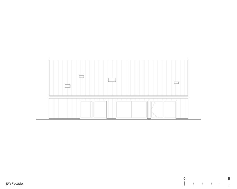 Elevation drawing of the northwest facade with a horizontal upper volume and three large openings below