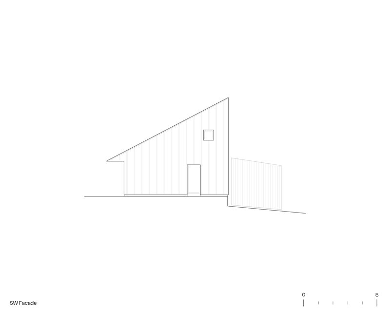 Elevation drawing of the southwest facade featuring a pitched roof and attached lower volume