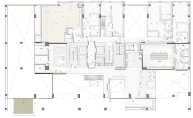 Floor plan drawing depicting multiple residential units with balconies and central circulation shafts